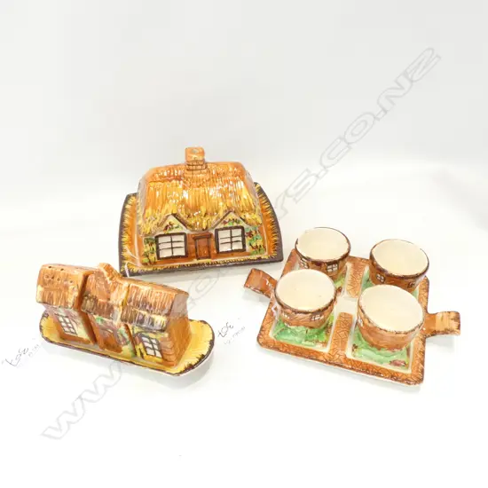 PRICE BROS COTTAGE WARE SET; 4 EGG CUPS & TRAY / BUTTER DISH & 3PC CONDIMENT SET WITH TRAY