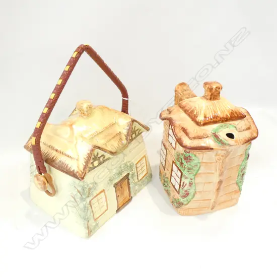 KEELE ST POTTERY COTTAGE WARE BISCUIT BARREL (160 X 125MM) & WESTMINISTER TEAPOT (H. 210MM)