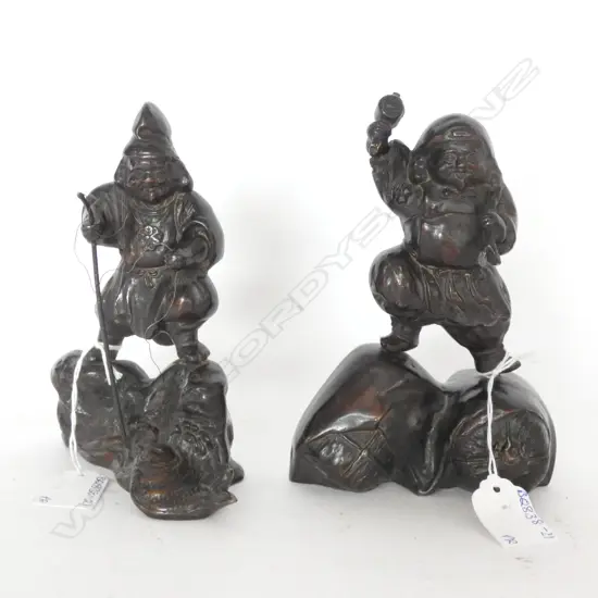 PAIR BRONZE ORIENTAL GNOME FISHERMEN; ONE WITH ROD. H. 150MM