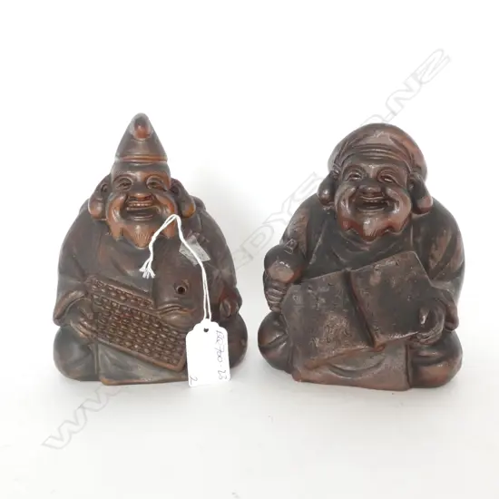 2 OLD JAPANESE DARK SALT GLAZED POTTERY FIGURES H.140mm