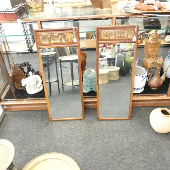 PR WOODEN FRAMED MIRRORS -  GILT ORIENTAL SCENE TO TOPS, 370 X 950MM