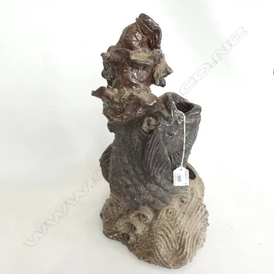 LG ORNATE JAPANESE POTTERY CARP INCENSE BURNER (?) H. 400MM - SOME DAMAGE