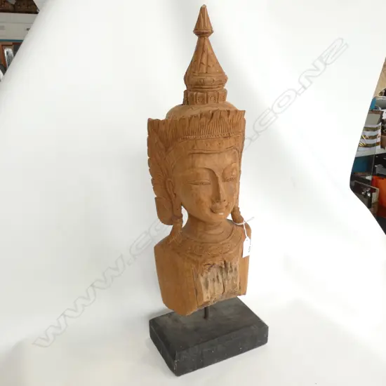 CARVED THAI GODDESS BUST ON STAND H.600mm