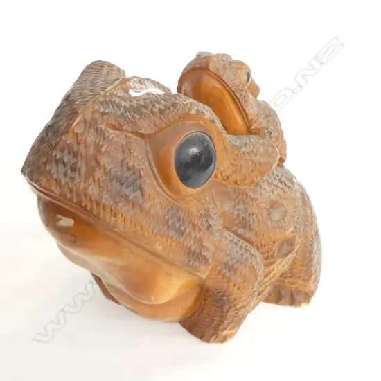 JAPANESE CARVED WOODEN TOAD WITH SMALLER TOAD TO BACK