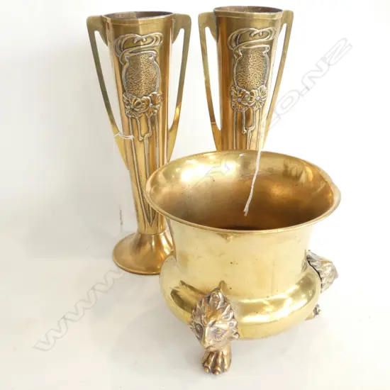 3 BRASS PCES; PR VASES + FOOTED VASE