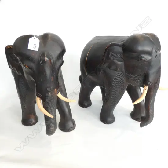 PAIR CARVED ELEPHANT H 330MM CRACK TO REAR LEG OF ONE 