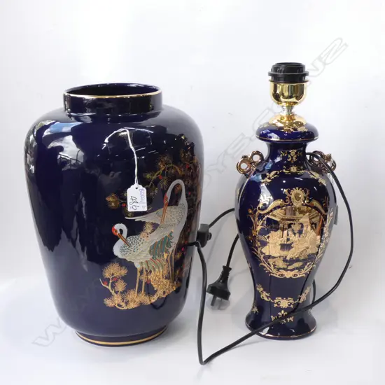 LIMOGES STYLE LAMP BASE + BLUE ITALIAN VASE H. 360MM