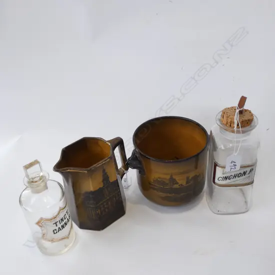 2 GLASS PHARMACUTICAL JARS + 2 PCES BROWN RIDGWAY