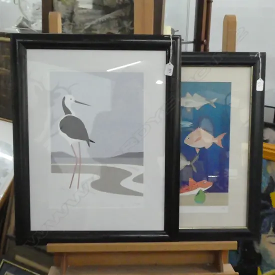 2 PRINTS BY CATHY HANSBY 'PIED STILT' 400 X 280MM + FISH SCHOOL