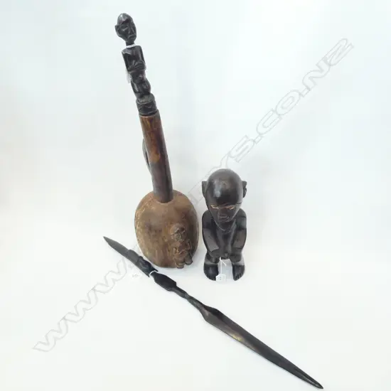 3 CARVED WOODEN TRIBAL PCES; SPEAR, FIGURE, FLASK H. 630MM 