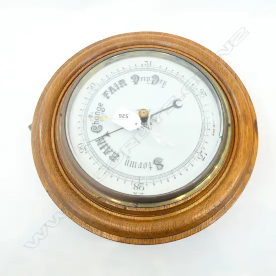 CIRCULAR BAROMETER OAK FRAME MILK GLASS DIAL 300MM DIA