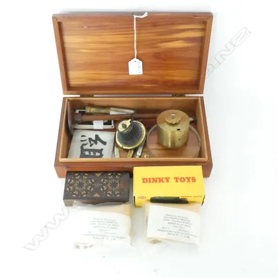 WOODEN BOX + MOP KNIVES, DINKY TOY, LENSES, INLAY BOX ETC