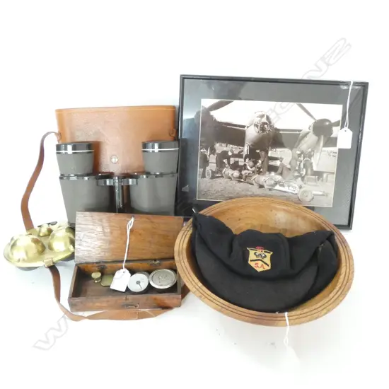 WWII PHOTO + BRASS BULB CASE + BINOCULARS + OAK BOWL + CASED WEIGHTS + CAP
