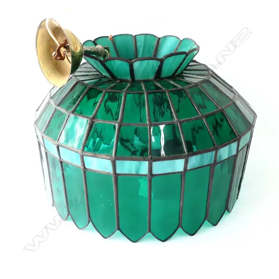 LG TIFFANY STYLE LEADLIGHT CEILING LIGHT - EMERALD GREEN & TURQUOISE. H. 240MM DIA. 290MM