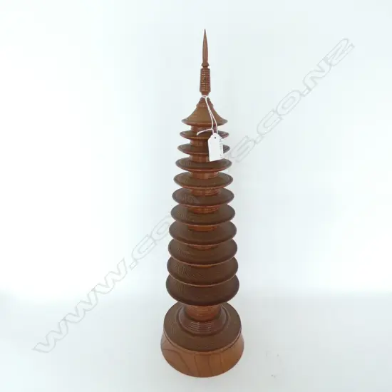 MID CENTURY MULBERRY FINELY CARVED WOODEN PAGODA (SMALLER RINGS) H.530MM ROTATING)  