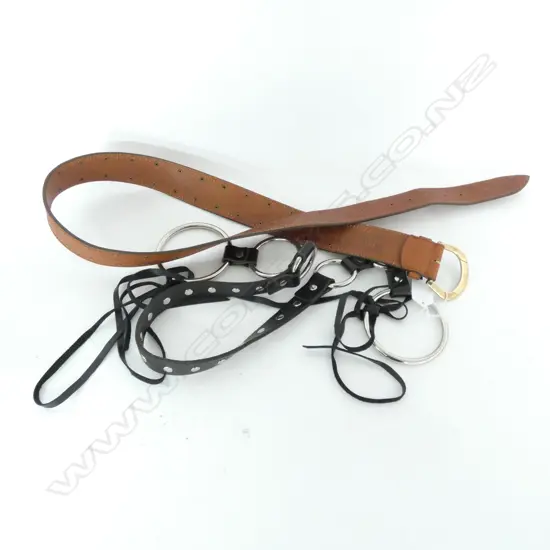 PAIR LEATHER BELTS; ONE BROWN & ONE BLACK WITH SILVER STUDS RINGS & TASSLES