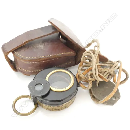 WARTIME SOLDIERS COMPASS IN ORIGINAL LEATHER BELT CASE AND SOLDIERS DOGTAGS