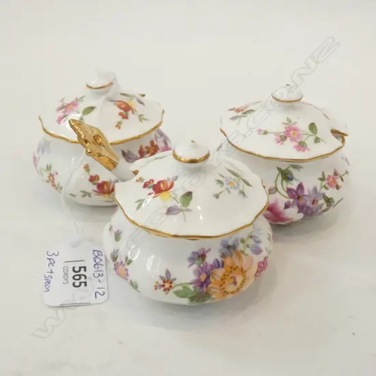 ROYAL CROWN DERBY - DERBY POSIES - 3PC LIDDED CONDIMENT SET - 1 WITH SPOON