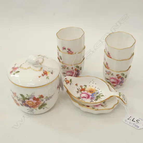 ROYAL CROWN DERBY - DERBY POSIES 6 EGG CUPS, TEA STRAINER & DISH, LIDDED JAM JAR.