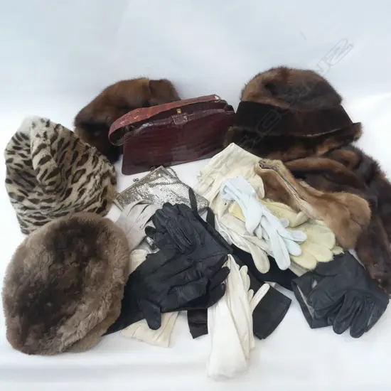 BOX LOT FUR HATS, COLLARS, LEATHER GLOVES, CROCODILE & OROTON HANDBAGS