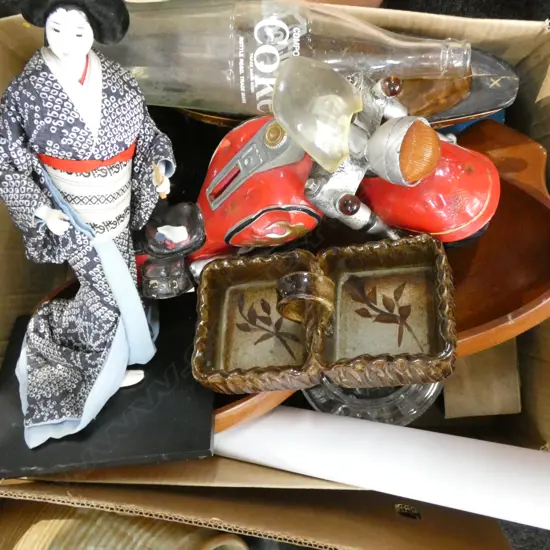 BOX LOT JAPANESE DOLL, BIKE, COKE ETC