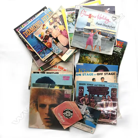 BOX of 25+ VINTAGE 1960/70/80S LPS, INCL. BOWIE, BEATLES, NZ 60S