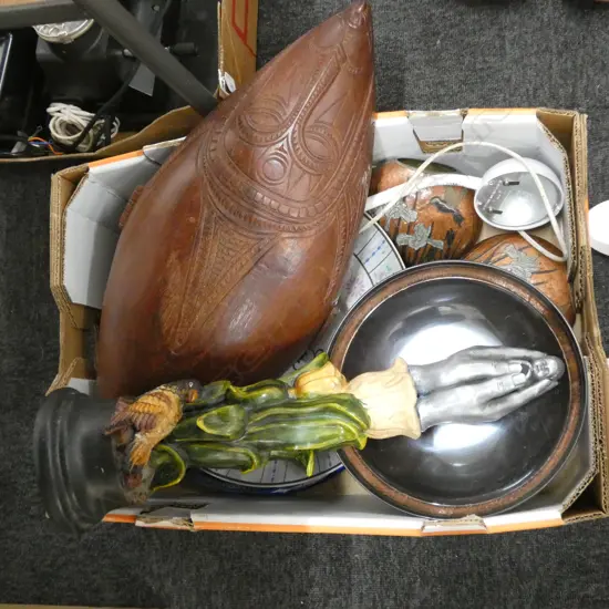 BOX LOT PLATES, LAMP, ETC