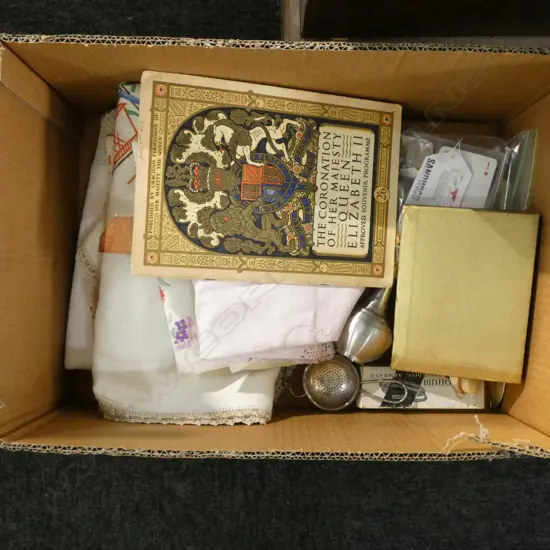 BOX LOT OLD LINEN & COLLECTABLES INCL. ROYAL CORONATION TICKETS 