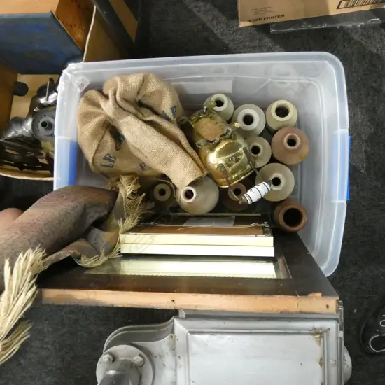 BOX LOT BOTTLES, MIRROR, BAG SOAP FLAKES ETC