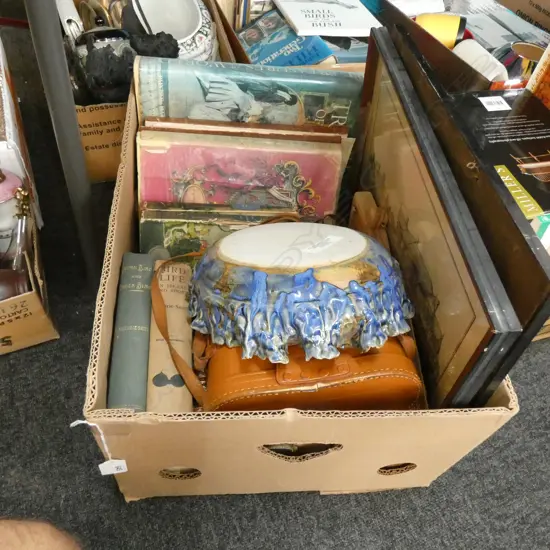 BOX LOT ANTIQUE BOOKS, ART, BINOCULARS, BOWL