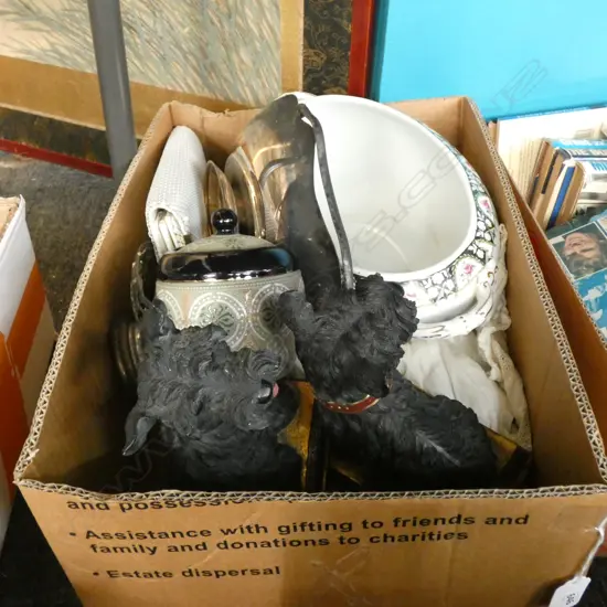 BOX LOT OROTON BAG, TUREEN, SCOTTIE DOG BOOKENDS ETC