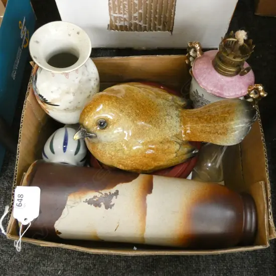 BOX LOT ASST. ITEMS; BIRD, VASES ETC
