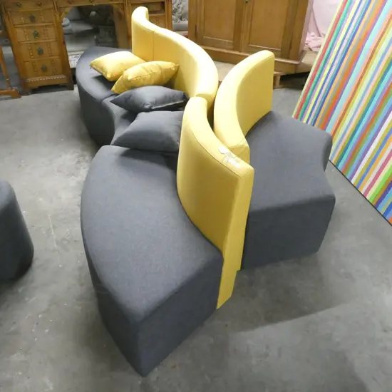 4 YELLOW AND GREY CURVED CHAIRS