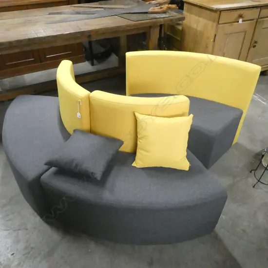 3 YELLOW AND GREY CURVED CHAIRS