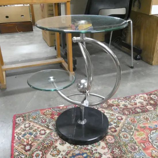 ART DECO STYLE GLASS & CHROME TABLE WITH ALABASTER BASE H585MM