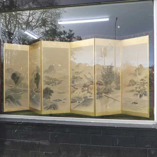 LG MEIJI PERIOD 6 PANEL JAPANESE SCREEN ON GOLD LEAF - VILLAGE SCENE  - H. 1720MM