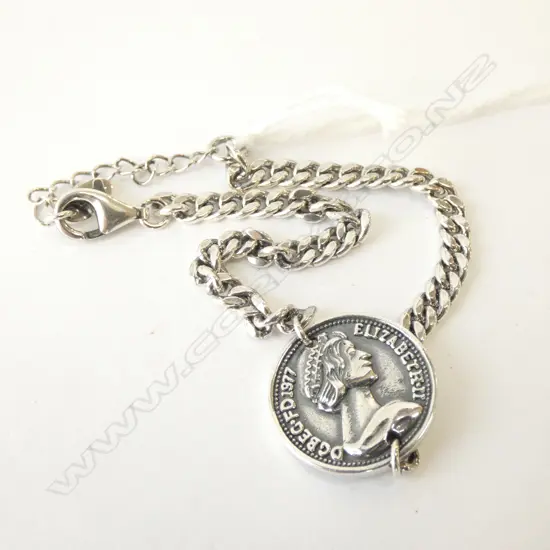SILVER FLAT CURB BRACELET WITH COIN CHARM 9gms