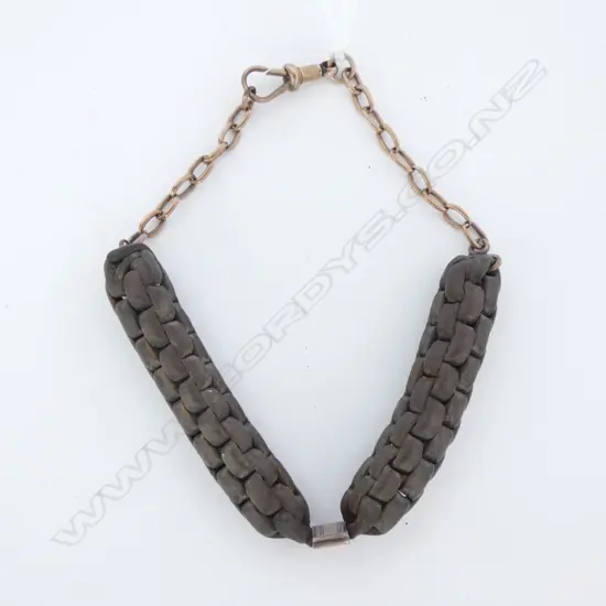 c1900 9CT ROSE GOLD & PLAITED LEATHER FOB BRACELET.