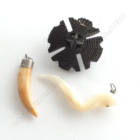 ANIMAL TOOTH PENDANT + ANOTHER + ANTIQUE CARVED BROOCH