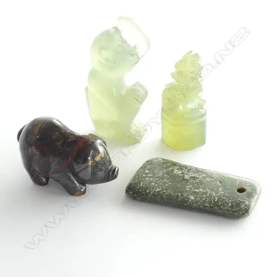 4 CARVED STONE SMALL PCES: THE PIG RED & GOLD BANDED...