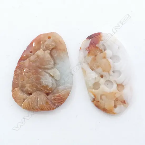 2 ORIENTAL JADEITE CARVED PENDANTS WHITE & TAN