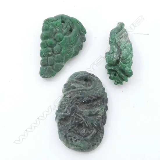 3 ORIENTAL GREEN JADEITE CARVED PENDANTS