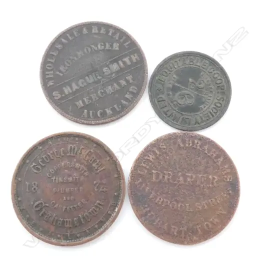 NZ AND AUST. TRADESMAN TOKENS, MID 1800'S, (4 ITEMS)