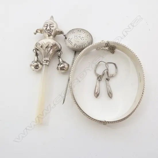 4 PCES STG SILVER, BANGLE, BABYS TEETHER, PIN, PR EARRINGS 
