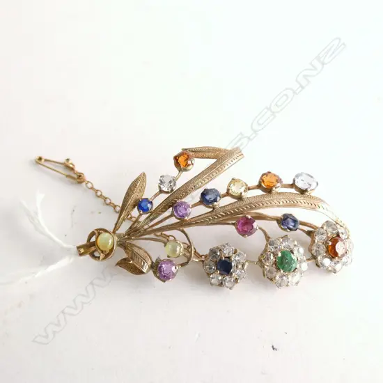 GOLD FLOWER BROOCH COLOURED STONES TESTING AS 8CT GOLD