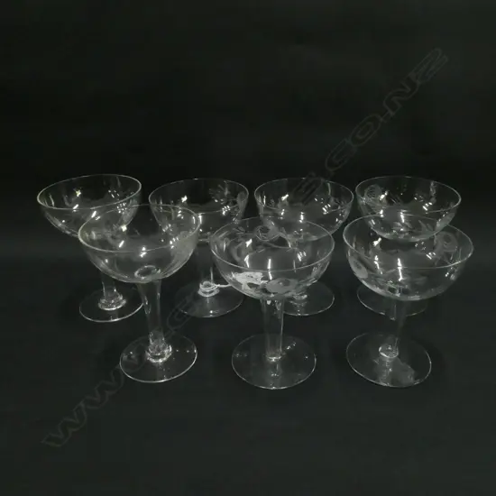 7 ROSE ETCHED HOLLOWSTEM CHAMPAGNE GLASSES 5 + 2