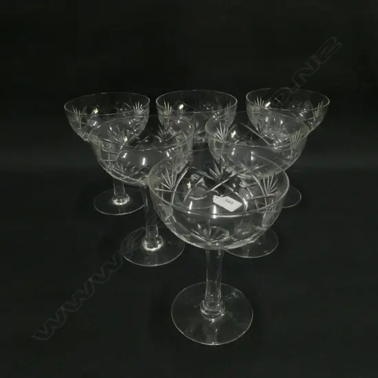 6 ETCHED HOLLOW STEM CHAMPAGNE GLASSES 