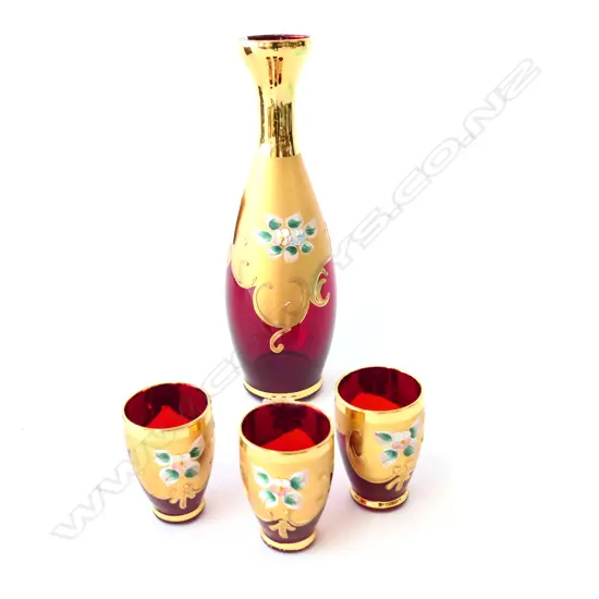 VENETIAN GLASS DECANTER (H. 235MM) & 3 SM GLASSES