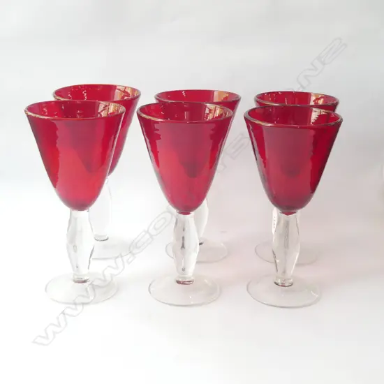 6 RUBY GLASS STEMMED WINE GLASSES - CLEAR GLASS STEM - H. 200MM