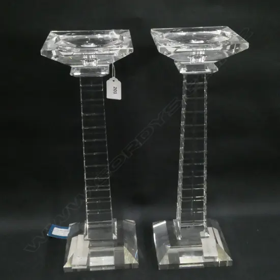 PR TALL CUT CRYSTAL CANDLE HOLDERS - SMALL CHIP TO BASE ON ONE. H. 335MM